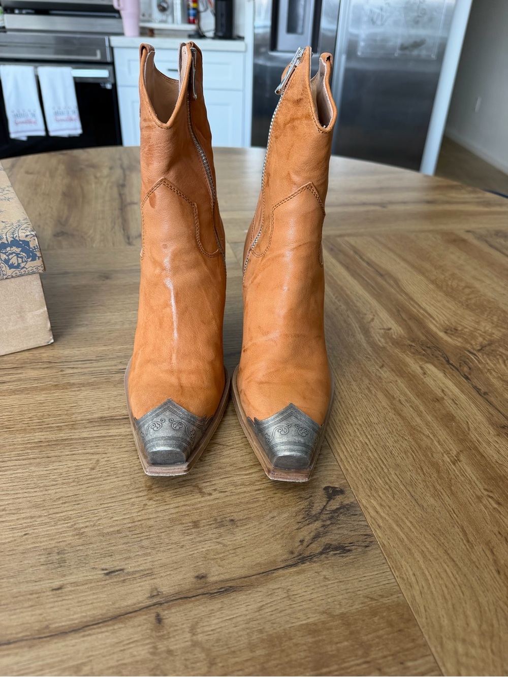 Free People Brayden Western Cowboy Ankle Boots Tan Leather Metal Toe 37.5 7.5 - Picture 2 of 6